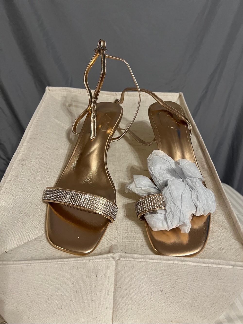 Metallic Rose Gold Rhinestone Strap Ankle-Tie Heels - Picture 1 of 4